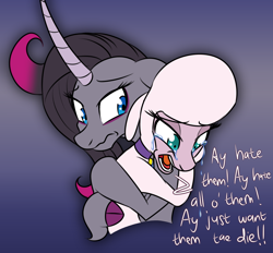 Size: 1148x1066 | Tagged: safe, artist:redahfuhrerking, imported from derpibooru, lamb, sheep, unicorn, them's fightin' herds, cloven hooves, crying, curved horn, duo, female, gradient background, horn, hug, mare, oleander (tfh), pom (tfh)