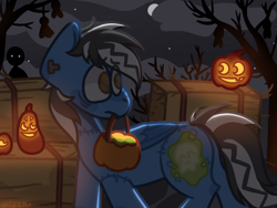 Size: 1024x768 | Tagged: safe, artist:eucalipt, imported from derpibooru, oc, oc only, oc:pegasusgamer, ghost, pegasus, undead, butt, candy, food, halloween, holiday, horror, jack-o-lantern, male, mouth hold, night, pegasus oc, plot, pumpkin, scary, spooky