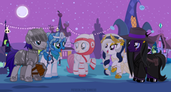 Size: 1200x648 | Tagged: safe, artist:jennieoo, imported from derpibooru, oc, oc:andrewmeda, oc:gentle star, oc:maverick, oc:milky way (sodadrinker11), oc:ocean soul, earth pony, pegasus, pony, armor, astronaut, braid, clothes, cosmonaut, costume, cute, doctor, friends, greek goddess, happy, knight, laughing, moon, night, nightmare night, ocbetes, show accurate, smiling, soviet union, spacesuit, stethoscope, vampire hunter