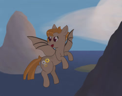 Size: 1280x1012 | Tagged: safe, artist:eminent entropy, imported from derpibooru, oc, oc only, oc:umber, bat pony, pony, bat pony oc, bat wings, cloud, cutie mark, female, flying, island, mare, mountain, ocean, scenery, solo, spread wings, wings