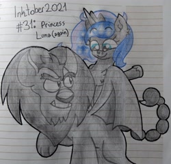 Size: 2969x2852 | Tagged: safe, artist:iceflower99, imported from derpibooru, princess luna, manticore, alternate hairstyle, high res, inktober, inktober 2021, melvin, traditional art