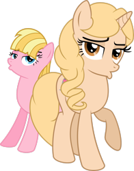 Size: 2167x2767 | Tagged: safe, artist:flizzick, imported from derpibooru, oc, oc:taralicious, earth pony, pony, unicorn, andrea libman, blue eyes, brown eyes, duckface, duo, female, high res, horn, lidded eyes, mare, raised hoof, simple background, standing, tail, tara strong, transparent background, two toned mane, unicorn oc, vector