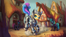 Size: 1200x686 | Tagged: safe, artist:asimos, imported from derpibooru, bon bon, sweetie drops, earth pony, pony, ark survival evolved, armor, battle suit, building, commission, crossover, house, power armor, video game crossover, village