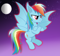 Size: 4993x4705 | Tagged: safe, artist:anime-equestria, imported from derpibooru, rainbow dash, bat pony, pony, bat ears, bat ponified, bat wings, crossed arms, fangs, female, flying, glowing, glowing eyes, moon, night, race swap, rainbowbat, smiling, solo, stars, wings