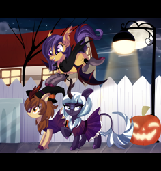 Size: 3302x3500 | Tagged: safe, artist:spookyle, imported from derpibooru, oc, oc:moonlit breeze, oc:pumpkin spell, oc:spookie, bat pony, kirin, pony, bat pony oc, clothes, costume, female, halloween, halloween costume, high res, holiday, kirin oc, mare, nightmare night, street, streetlight