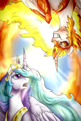 Size: 2000x3000 | Tagged: safe, artist:not-ordinary-pony, derpibooru exclusive, imported from derpibooru, daybreaker, princess celestia, alicorn, pony, crepuscular rays, duality, duo, female, high res, mane of fire, sad, smiling