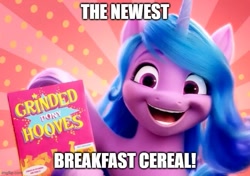 Size: 675x474 | Tagged: safe, artist:mlpfan3991, edit, edited screencap, imported from derpibooru, screencap, izzy moonbow, pony, unicorn, spoiler:my little pony: a new generation, caption, cereal, female, food, g5, grinded pony hooves, happy, image macro, implied cannibalism, my little pony: a new generation, open mouth, solo, song in the comments, text