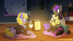 Size: 1920x1080 | Tagged: safe, artist:willoillo, imported from derpibooru, oc, oc only, oc:candlelight sonata, oc:willowisp, bat pony, pony, unicorn, bookshelf, duo, female, heterochromia, lying down, pillow, prone