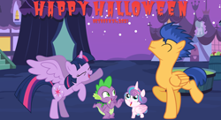 Size: 2064x1125 | Tagged: safe, artist:not-yet-a-brony, imported from derpibooru, flash sentry, princess flurry heart, spike, twilight sparkle, alicorn, dragon, pegasus, 2021, aunt and niece, auntie twilight, dancing, do the sparkle, eyes closed, female, flashlight, halloween, holiday, lyrics in the description, male, michael jackson, night, nightmare night, shipping, smiling, song reference, straight, thriller, twilight sparkle (alicorn), uncle flash, uncle spike, youtube link in the description