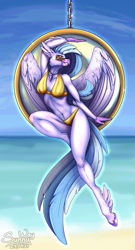 Size: 649x1200 | Tagged: safe, artist:sunny way, imported from derpibooru, silverstream, anthro, hippogriff, unguligrade anthro, beach, bikini, clothes, feather, female, grin, ocean, pinup, smiling, solo, sunglasses, swimsuit, water, wings