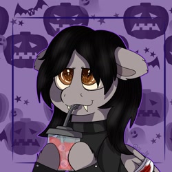 Size: 1439x1439 | Tagged: safe, artist:bluemoon, imported from derpibooru, pegasus, pony, undead, vampire, bandage, broken wing, clothes, commission, cute, drink, drinking, drinking straw, fangs, feathered wings, floppy ears, gerard way, hoof hold, jacket, male, my chemical romance, ponified, scarf, solo, stallion, wings, ych result