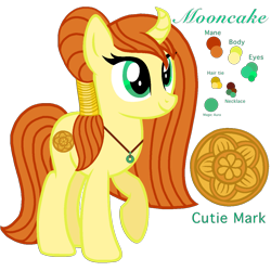 Size: 1239x1237 | Tagged: safe, artist:madlilon2051, imported from derpibooru, oc, oc only, oc:moon cake, pony, unicorn, curved horn, eyelashes, green eyes, horn, jewelry, necklace, orange mane, orange tail, raised hoof, reference sheet, simple background, smiling, solo, standing, tail, transparent background, unicorn oc