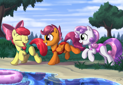 Size: 3187x2200 | Tagged: safe, artist:sirzi, imported from derpibooru, apple bloom, scootaloo, sweetie belle, earth pony, pegasus, pony, unicorn, clothes, cutie mark crusaders, detailed background, female, filly, green swimsuit, happy, high res, inner tube, one-piece swimsuit, pink swimsuit, red swimsuit, running, sand, swimsuit, tree, trio, water