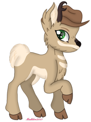 Size: 726x969 | Tagged: safe, artist:madlilon2051, imported from derpibooru, oc, oc only, deer, pony, antlers, chest fluff, cloven hooves, deer oc, ear fluff, hat, raised hoof, signature, simple background, solo, transparent background