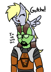 Size: 516x719 | Tagged: safe, artist:neuro, imported from derpibooru, derpy hooves, oc, oc:anon, human, hybrid, pony, beard, clothes, costume, cute, derpabetes, duo, facial hair, female, glasses, gordon freeman, half-life, halloween, halloween costume, headcrab, male, mare, pony hat, simple background, transparent background