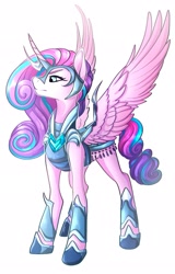 Size: 1313x2048 | Tagged: safe, artist:damayantiarts, imported from derpibooru, princess flurry heart, alicorn, pony, armor, female, frown, hoof shoes, horn, mare, older, older flurry heart, simple background, solo, warrior flurry heart, white background, wings