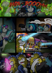 Size: 2408x3400 | Tagged: safe, artist:tarkron, imported from derpibooru, bon bon, dj pon-3, octavia melody, sweetie drops, vinyl scratch, oc, changeling, earth pony, hybrid, pegasus, pony, undead, unicorn, comic:fusing the fusions, comic:time of the fusions, background pony, blast, bone, bucking, clothes, combat, comic, commissioner:bigonionbean, cutie mark, dialogue, female, fight, friendship express, glasses, guard, high res, horn, horrified, levitation, light, lights, magic, magic blast, male, mare, noises, panel, panic, panicking, rain, random pony, royal guard, scared, shocked, skeleton, soldier, soldier pony, squint, stallion, storm, straight, telekinesis, terrified, terror, train, window, wings, writer:bigonionbean