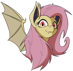 Size: 1145x1125 | Tagged: safe, artist:ikarooz, imported from derpibooru, fluttershy, bat pony, pony, bat ponified, bat wings, bust, fangs, female, flutterbat, looking at you, mare, portrait, race swap, red eyes, simple background, solo, spread wings, three quarter view, transparent background, wings