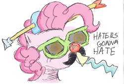 Size: 439x299 | Tagged: safe, artist:askpinkiepieandfriends, imported from derpibooru, pinkie pie, earth pony, pony, arrow through hat, bust, fake moustache, female, glasses, mare, party horn, simple background, sketch, solo, white background