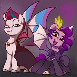 Size: 2048x2048 | Tagged: safe, artist:pfeffaroo, imported from derpibooru, pipp petals, zipp storm, bat pony, pony, undead, vampire, spoiler:my little pony: a new generation, abstract background, adorapipp, adorazipp, bat ponified, cape, clothes, cute, dress, duo, female, g5, halloween, high res, holiday, mare, my little pony: a new generation, nightmare night, race swap, royal sisters (g5), siblings, sisters
