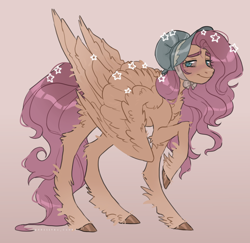 Size: 1308x1271 | Tagged: safe, artist:sannateacupss, imported from derpibooru, fluttershy, pegasus, pony, blushing, bonnet, chest fluff, colored hooves, elbow fluff, female, flower, flower in hair, fluffy, gradient background, hat, hoof fluff, large wings, leg fluff, lidded eyes, looking at you, mare, raised hoof, smiling, solo, standing, three quarter view, wings