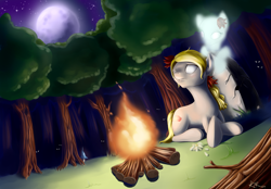 Size: 2880x2001 | Tagged: safe, artist:renatethepony, imported from derpibooru, earth pony, ghost, ghost pony, pony, undead, campfire, don't starve, duo, female, flower, forest, full moon, high res, lying down, mare, moon, night, outdoors, ponified, prone, stars, tree