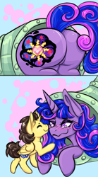 Size: 1000x1800 | Tagged: safe, artist:undeadcashew, imported from derpibooru, oc, oc only, oc:queen galaxia (bigonionbean), oc:tommy the human, alicorn, pony, adorable face, alicorn oc, blushing, butt, child, colt, commissioner:bigonionbean, cute, cutie mark, daaaaaaaaaaaw, dummy thicc, extra thicc, eyes closed, female, flank, foal, fusion, fusion:princess cadance, fusion:princess celestia, fusion:princess luna, fusion:twilight sparkle, horn, large butt, male, mare, mother and child, mother and son, nuzzling, plot, slide, stuck, the ass was fat, wings, writer:bigonionbean