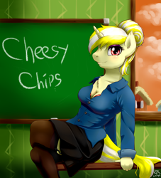 Size: 1830x2012 | Tagged: safe, artist:renatethepony, imported from derpibooru, oc, oc only, anthro, unicorn, chalkboard, clothes, cloud, female, horn, indoors, signature, sitting, skirt, smiling, unicorn oc