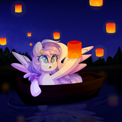 Size: 1000x1000 | Tagged: safe, artist:thieftea, imported from derpibooru, oc, oc only, pegasus, pony, :o, beautiful, boat, colored pupils, female, forest, forest background, heart eyes, lake, lantern, night, open mouth, outdoors, paper lantern, sky, sky lantern, solo, spread wings, stars, tree, water, wingding eyes, wings