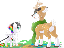 Size: 3968x2976 | Tagged: safe, artist:schokocream, imported from derpibooru, oc, oc only, oc:lightning bliss, oc:tyandaga, alicorn, deer, pony, reindeer, alicorn oc, antlers, clothes, duo, female, filly, high res, horn, male, scarf, schokocream, simple background, white background, wings