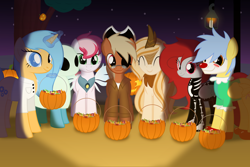 Size: 6000x4000 | Tagged: safe, artist:candy meow, imported from derpibooru, oc, oc only, oc:astral charm, oc:flan, oc:hullabaloo, oc:mercury, oc:olga ulfstig, oc:pyrite, oc:swift, earth pony, kirin, pegasus, pony, unicorn, absurd resolution, candle, candy, chest fluff, clothes, clown, clown nose, clown outfit, clown shoes, container, costume, dark, digital art, dirt, earth pony oc, eye scar, eyepatch, eyes closed, face paint, fake horn, fake wings, female, folded wings, food, game, ghost costume, glasses, glowing, glowing horn, group, halloween, halloween 2021, halloween costume, hat, holiday, horn, jack-o-lantern, kirin-ified, lab coat, lamppost, lantern, legends of equestria, levitation, lights, looking at you, mad scientist, magic, magic aura, male, mane, mare, night, night sky, nightmare night, nightmare night 2021, npc, overcoat, pegasus oc, pirate costume, pirate hat, pirate outfit, ponydale, pumpkin, pumpkin bucket, pumpkin carving, red nose, road, scar, shadow, sheet, shirt, show accurate, skeleton costume, sky, smiling, smiling at you, species swap, stallion, standing, stars, tail, telekinesis, tree, trick or treat, two toned mane, two toned tail, undershirt, unicorn oc, video game, wall of tags, wings