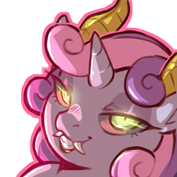 Size: 1159x1159 | Tagged: safe, artist:cold-blooded-twilight, imported from derpibooru, sweetie belle, demon, unicorn, eyeshadow, fangs, female, glowing, glowing eyes, halloween, holiday, horn, horns, lipstick, looking at you, makeup, simple background, solo, transparent background