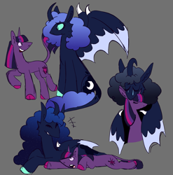 Size: 1221x1236 | Tagged: safe, artist:tezzbot, imported from derpibooru, princess luna, twilight sparkle, alicorn, classical unicorn, pony, unicorn, alternate design, cloven hooves, curved horn, female, gray background, horn, hybrid wings, leonine tail, lesbian, lying down, mare, prone, shipping, simple background, twiluna, unicorn twilight, unshorn fetlocks, wings