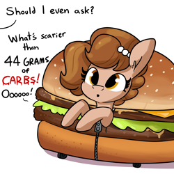 Size: 1584x1584 | Tagged: safe, artist:tjpones, imported from derpibooru, oc, oc only, oc:brownie bun, earth pony, pony, horse wife, :o, adorkable, burger, burger costume, cheeseburger, cheeseburger costume, clothes, costume, cute, dialogue, dork, earth pony oc, female, food, food costume, halloween, halloween costume, hamburger, hamburger costume, mare, offscreen character, open mouth, simple background, solo, white background