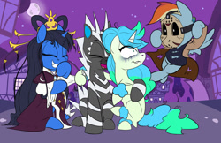 Size: 1600x1036 | Tagged: safe, artist:humble-ravenwolf, artist:ravenhoof, imported from derpibooru, rainbow dash, oc, oc:matsuyo, oc:radiant coral, oc:ravenhoof, pegasus, unicorn, female, nightmare night, nightmare night 2021, pokémon, ponysona