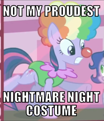 Size: 517x600 | Tagged: safe, edit, edited screencap, editor:twi clown, imported from derpibooru, screencap, spike, twilight sparkle, dragon, pony, unicorn, season 1, the ticket master, caption, clothes, clown, clown nose, clown wig, costume, female, image macro, leotard, mare, nightmare night, red nose, text, twily the clown, unicorn twilight