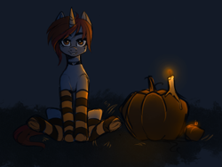 Size: 2323x1745 | Tagged: safe, artist:vetta, imported from derpibooru, oc, oc only, oc:vetta, pony, unicorn, candle, choker, clothes, halloween, holiday, looking at you, pumpkin, sitting, socks, solo, striped socks