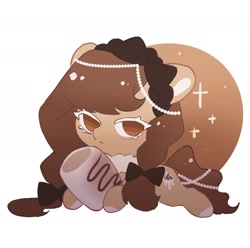 Size: 1406x1393 | Tagged: safe, artist:xieyanbbb, imported from derpibooru, oc, oc only, oc:cocoa, earth pony, food pony, pony, bow, brown coat, brown eyes, brown hair, chocolate, dessert, eyelashes, food, hair bow, jewelry, marshmallow, necklace, pearl, pearl necklace, ponified, solo, sparkle, white eyelashes