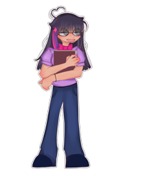 Size: 508x602 | Tagged: safe, artist:axitaint, imported from derpibooru, twilight sparkle, human, book, bowtie, bracelet, clothes, female, glasses, humanized, jeans, jewelry, pants, shirt, shoes, simple background, solo, t-shirt, transparent background, wristband