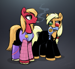 Size: 2687x2451 | Tagged: safe, artist:selenophile, imported from derpibooru, applejack, big macintosh, earth pony, pony, brother and sister, channon yarrow, cigarette, clothes, costume, crossdressing, crossplay, female, glasses, gun, halloween, halloween costume, high res, lidded eyes, male, mare, mouth hold, pants, ray gun, shirt, siblings, smoking, spider jerusalem, stallion, transmetropolitan, weapon