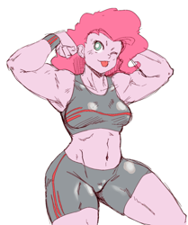 Size: 1214x1451 | Tagged: safe, artist:box chan, imported from derpibooru, pinkie pie, human, ;p, belly button, clothes, compression shorts, female, flexing, humanized, muscles, muscular female, one eye closed, pinkie pump, pinkie thighs, pony coloring, simple background, smiling, solo, sports bra, sweatband, thunder thighs, tongue out, white background, wink