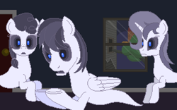 Size: 640x400 | Tagged: safe, artist:herooftime1000, imported from derpibooru, earth pony, ghost, ghost pony, pegasus, undead, unicorn, octavia in the underworld's cello, black sclera, blue eyes, door, indoors, pixel art, tree, treehouse, window