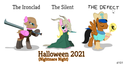 Size: 1483x770 | Tagged: safe, artist:darius-101, imported from derpibooru, oc, oc:dariusii, oc:dia, oc:pink spinach, pegasus, pony, armor, balloon, clothes, costume, female, halloween, halloween costume, holiday, male, skull, slay the spire, smiley face, sword, the defect, the ironclad, the silent, weapon