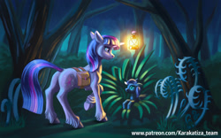 Size: 2560x1600 | Tagged: safe, artist:kirillk, imported from derpibooru, twilight sparkle, oc, oc:nyx, alicorn, pony, unicorn, fanfic:past sins, bag, bush, everfree forest, fanfic art, female, filly, foal, forest, glowing, glowing horn, hooves, horn, lantern, levitation, magic, mare, saddle bag, scenery, telekinesis, tree, unicorn twilight, unshorn fetlocks, wings