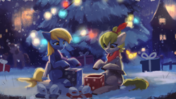 Size: 1920x1080 | Tagged: safe, artist:hierozaki, imported from derpibooru, derpy hooves, oc, oc:pixie bell, pegasus, pony, christmas, christmas lights, christmas tree, clothes, holiday, present, scarf, sitting, snow, snowfall, tree