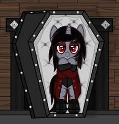 Size: 1644x1705 | Tagged: safe, artist:lightningbolt, derpibooru exclusive, imported from derpibooru, pony, undead, unicorn, vampire, .svg available, bipedal, boots, clothes, coffin, costume, disguise, disguised siren, eyeliner, eyeshadow, fangs, horn, jacket, kellin quinn, lidded eyes, looking at you, makeup, male, ponified, shoes, sleeping with sirens, slit pupils, solo, svg, vector