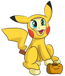 Size: 591x684 | Tagged: safe, artist:pony-thunder, imported from derpibooru, fluttershy, pegasus, pikachu, pony, clothes, costume, cute, kigurumi, open mouth, open smile, pokémon, shyabetes, simple background, smiling, solo, transparent background