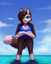 Size: 1331x1680 | Tagged: safe, artist:mortarionlordofdeath, imported from derpibooru, oc, oc:blue (princebluemoon3), abyssinian, anthro, cat, crab, plantigrade anthro, abyssinian oc, beach, boobs and butt pose, breasts, butt, clothes, commissioner:bigonionbean, feet in water, female, looking at you, ocean, one-piece swimsuit, open-back swimsuit, pose, posing for photo, rule 63, shadow, swimsuit, water, writer:bigonionbean