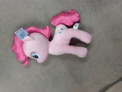 Size: 4160x3120 | Tagged: safe, imported from ponybooru, pinkie pie, earth pony, original species, plush pony, pony, blue eyes, female, floor, irl, laying on floor, mare, my little pony logo, on floor, photo, pink coat, pink mane, pink tail, plushie, smiling, solo, walmart