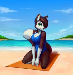 Size: 1680x1706 | Tagged: safe, artist:mortarionlordofdeath, imported from derpibooru, oc, oc only, oc:blue (princebluemoon3), abyssinian, anthro, cat, plantigrade anthro, abyssinian oc, beach, breasts, butt, cleavage, clothes, commissioner:bigonionbean, female, looking at you, ocean, one-piece swimsuit, open-back swimsuit, pose, posing for photo, rule 63, shadow, solo, swimsuit, towel, water, writer:bigonionbean